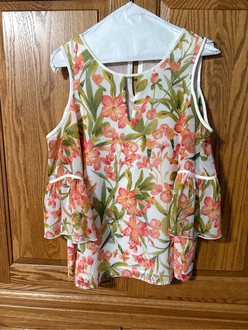 Karl Lagerfeld Coral Floral Cold-Shoulder Blouse with Green Leaves